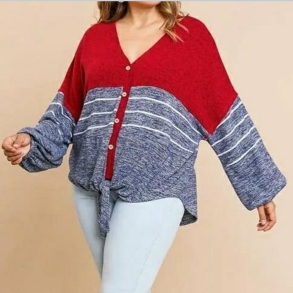 Umgee Women's Red Blue Striped Button Tie Front Sweater Cardigan EUC S #1169